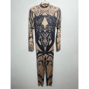 BANJUL Rhinestone Bodysuit Catsuit Nude Black Tribal Print Stretch Jumpsuit